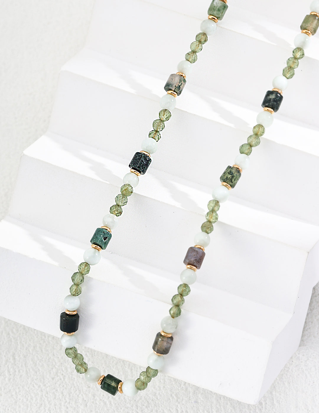 925 Sterling Silver 印度玛瑙, 绿色海纹石 and 切面绿磷辉 Necklace - Silver