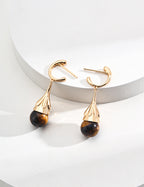 925 Sterling Silver Black Agate and Tiger’s Eye Earrings - Silver