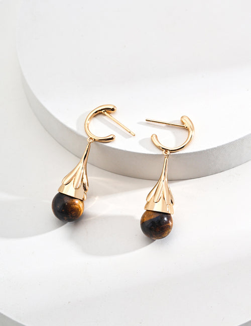 925 Sterling Silver Black Agate and Tiger’s Eye Earrings - Silver