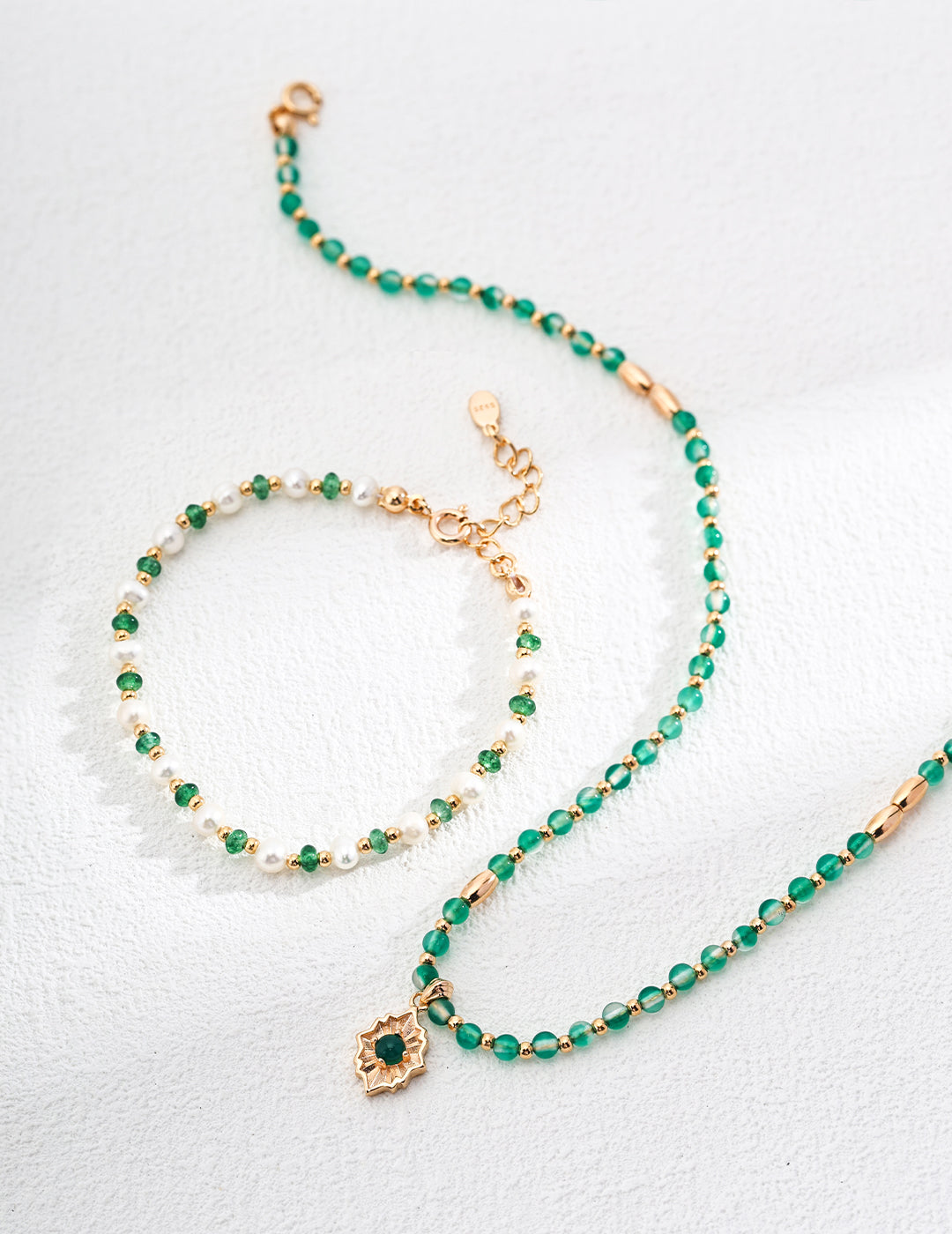 925 Sterling Silver 绿玛瑙 and 绿玉髓 Necklace - Silver
