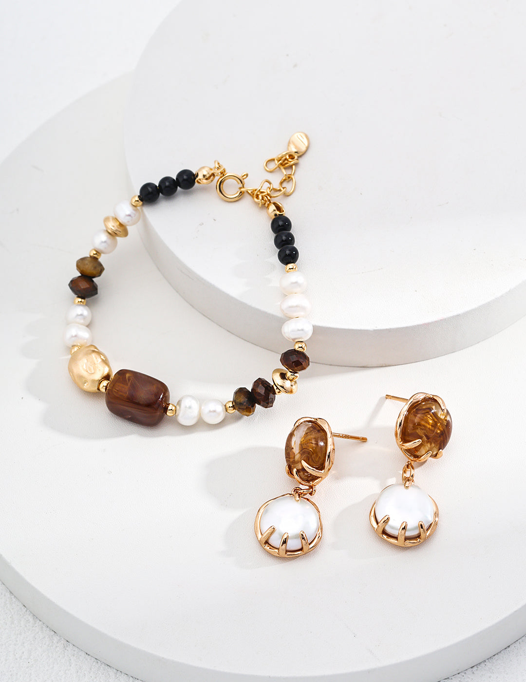 925 Sterling Silver Natural Pearl, Tiger’s Eye and Black Agate Bracelet - Silver