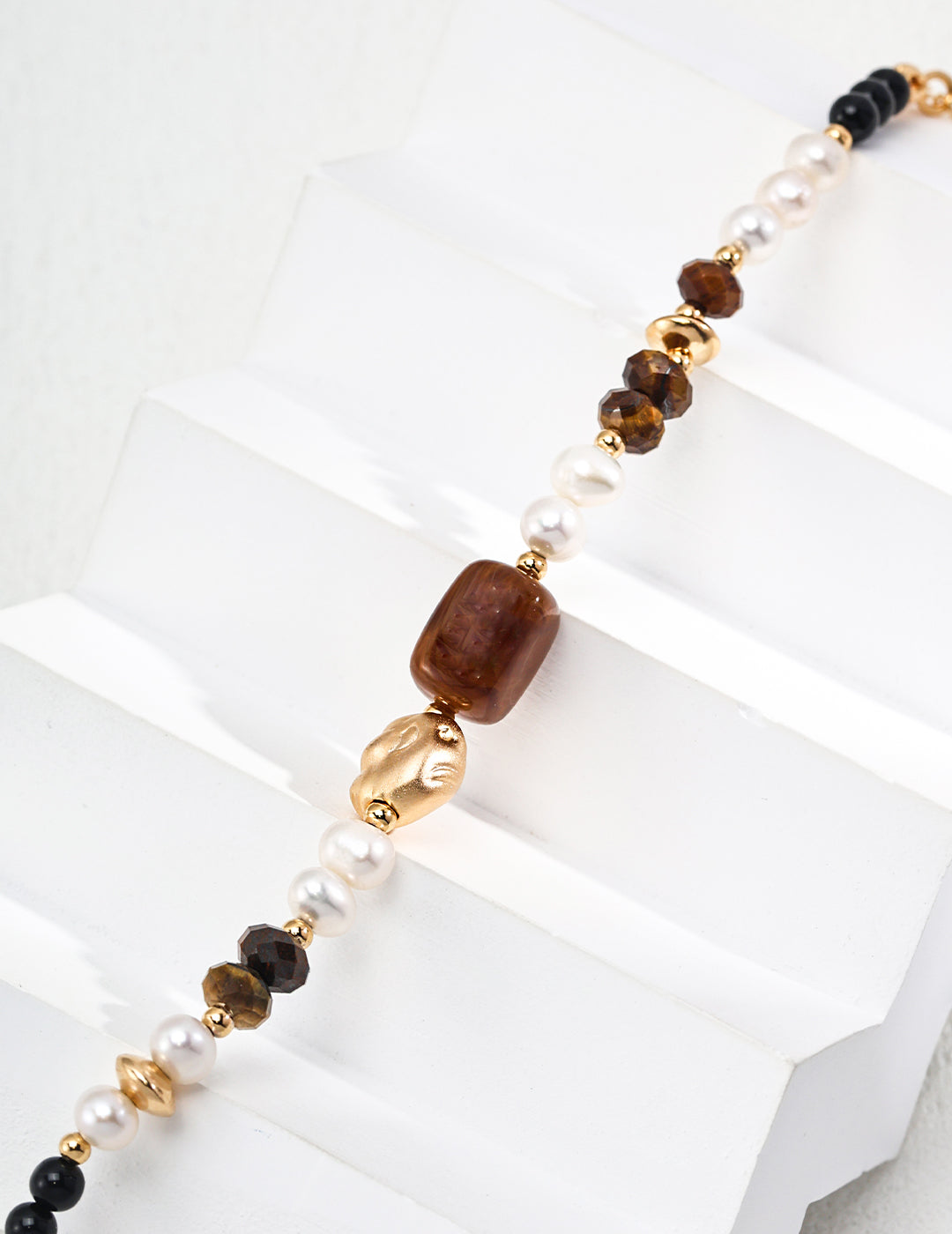 925 Sterling Silver Natural Pearl, Tiger’s Eye and Black Agate Bracelet - Silver