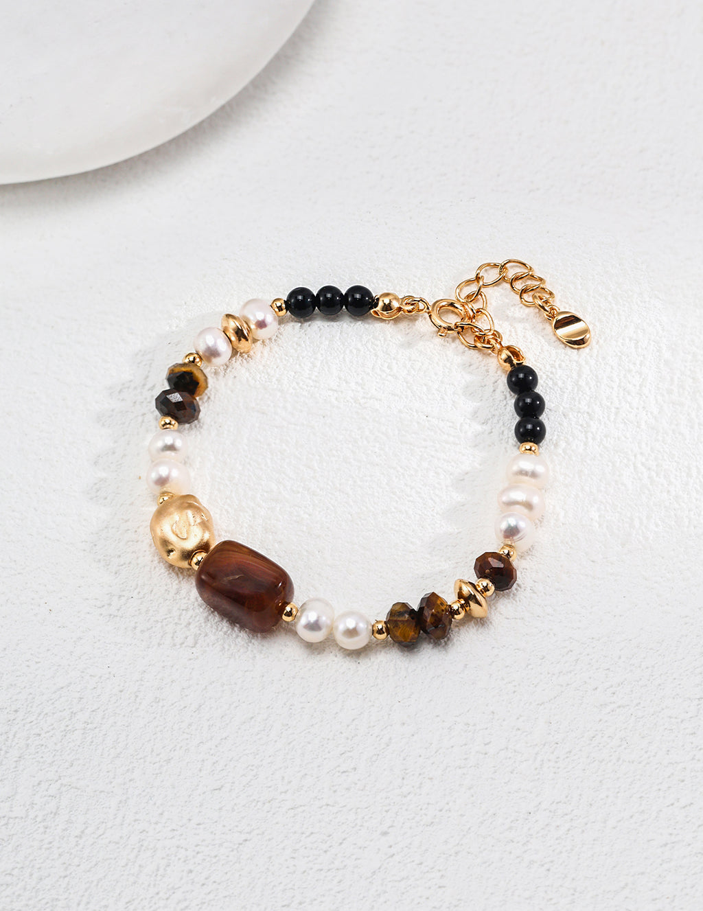 925 Sterling Silver Natural Pearl, Tiger’s Eye and Black Agate Bracelet - Silver