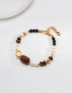 925 Sterling Silver Natural Pearl, Tiger’s Eye and Black Agate Bracelet - Silver