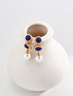 925 Sterling Silver Vintage Lapis Lazuli and Natural Pearl Earrings - Silver