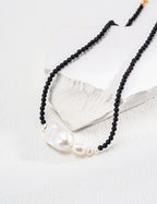 925 Sterling Silver Natural Pearl and Black Agate Necklace - Vintage Gold