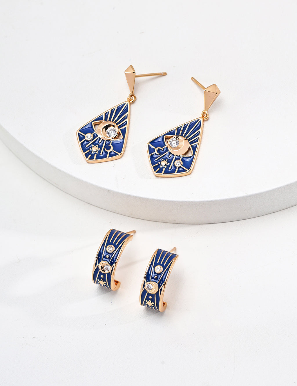 925 Sterling Silver Blue Enamel Cubic Zirconia Earrings in blue enamel and vintage gold, product view 5