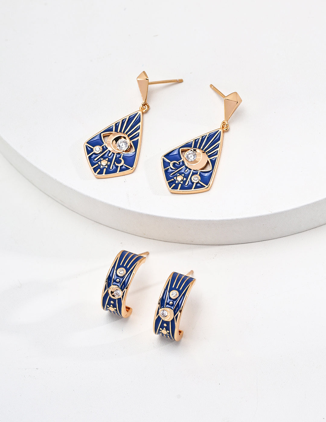 925 Sterling Silver Blue Enamel Cubic Zirconia Earrings in blue enamel and vintage gold, product view 5