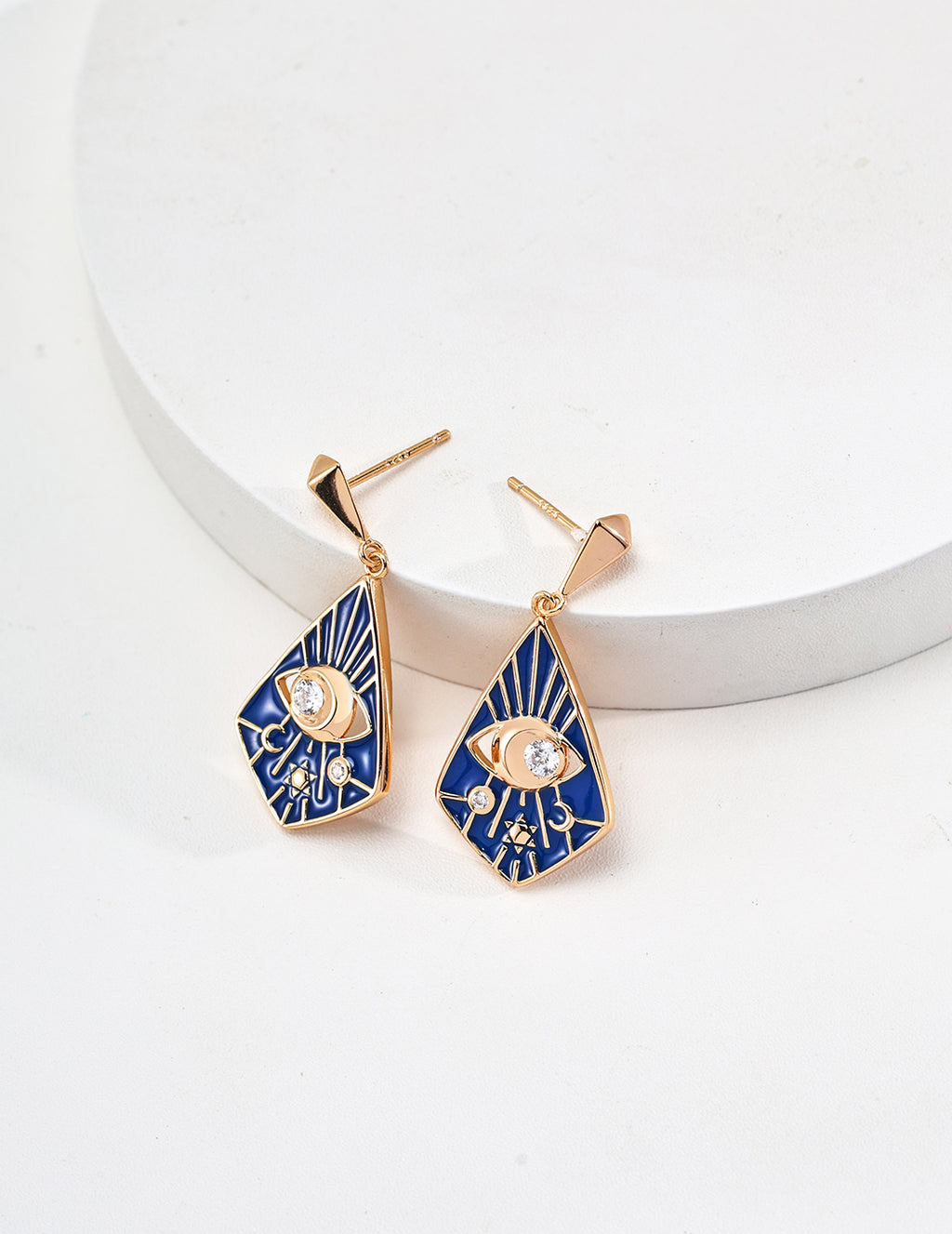 925 Sterling Silver Blue Enamel Cubic Zirconia Earrings in blue enamel and vintage gold, product view 3