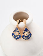 925 Sterling Silver Blue Enamel Cubic Zirconia Earrings in blue enamel and vintage gold, product view 1
