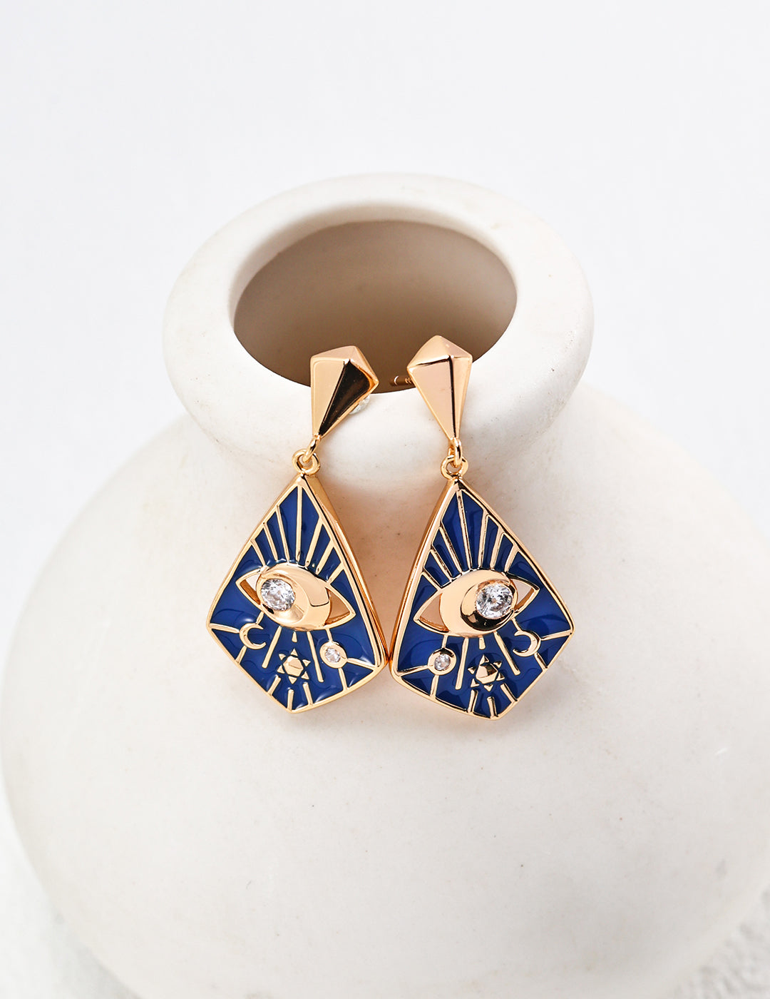 925 Sterling Silver Blue Enamel Cubic Zirconia Earrings in blue enamel and vintage gold, product view 1