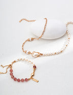 925 Sterling Silver Pearl Moss Agate Strawberry Quartz Bracelet, product view 5
