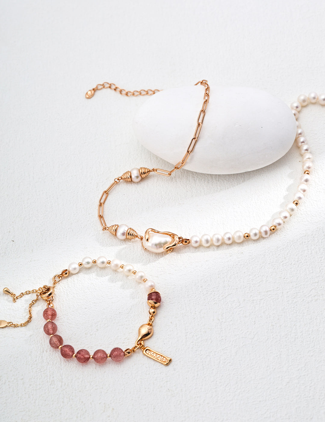 925 Sterling Silver Pearl Moss Agate Strawberry Quartz Bracelet, product view 5