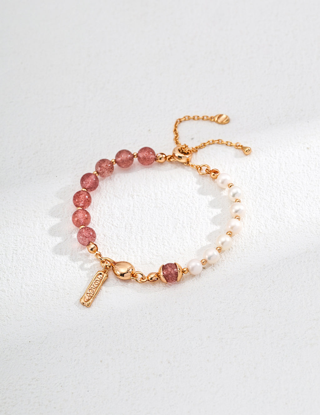 925 Sterling Silver Pearl Moss Agate Strawberry Quartz Bracelet, front view