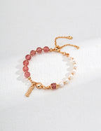 925 Sterling Silver Pearl Moss Agate Strawberry Quartz Bracelet, front view
