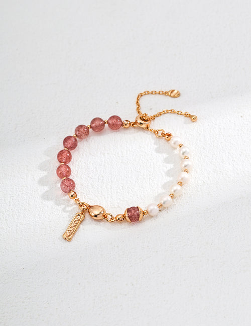 925 Sterling Silver Pearl Moss Agate Strawberry Quartz Bracelet, front view