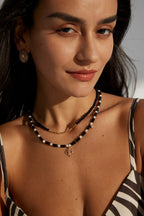 925 Sterling Silver Vintage Black Agate, Shell and Cubic Zirconia Necklace - Silver