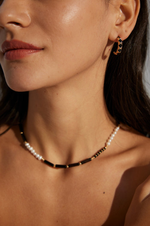 925 Sterling Silver Black Agate and Natural Pearl Necklace - Vintage Gold