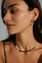 925 Sterling Silver Black Agate and Natural Pearl Necklace - Vintage Gold
