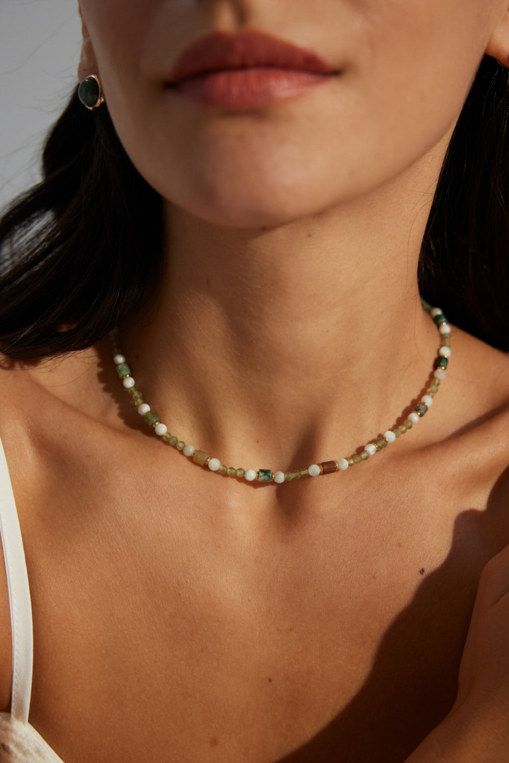 925 Sterling Silver 印度玛瑙, 绿色海纹石 and 切面绿磷辉 Necklace - Silver