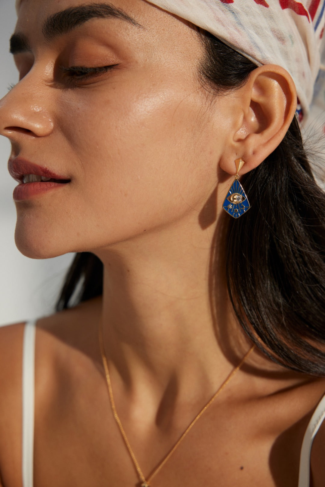 925 Sterling Silver Blue Enamel Cubic Zirconia Earrings in blue enamel and vintage gold, product view 6