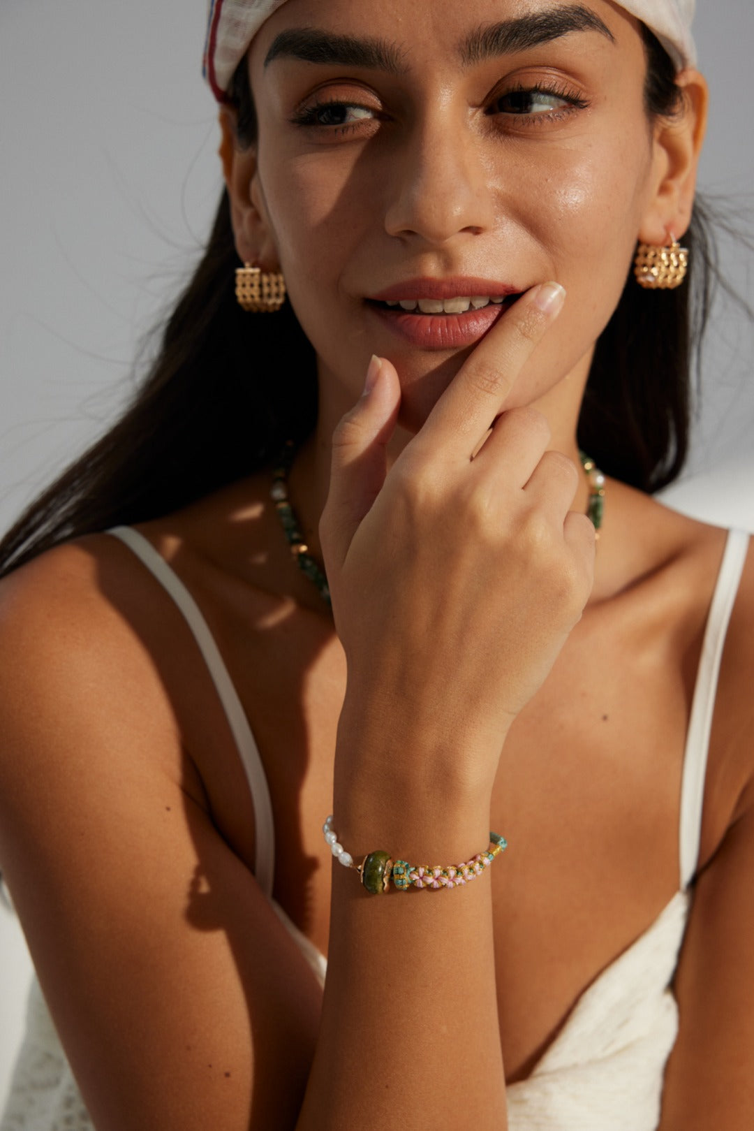 925 Sterling Silver 花绿石 and Natural Pearl Bracelet - Vintage Gold