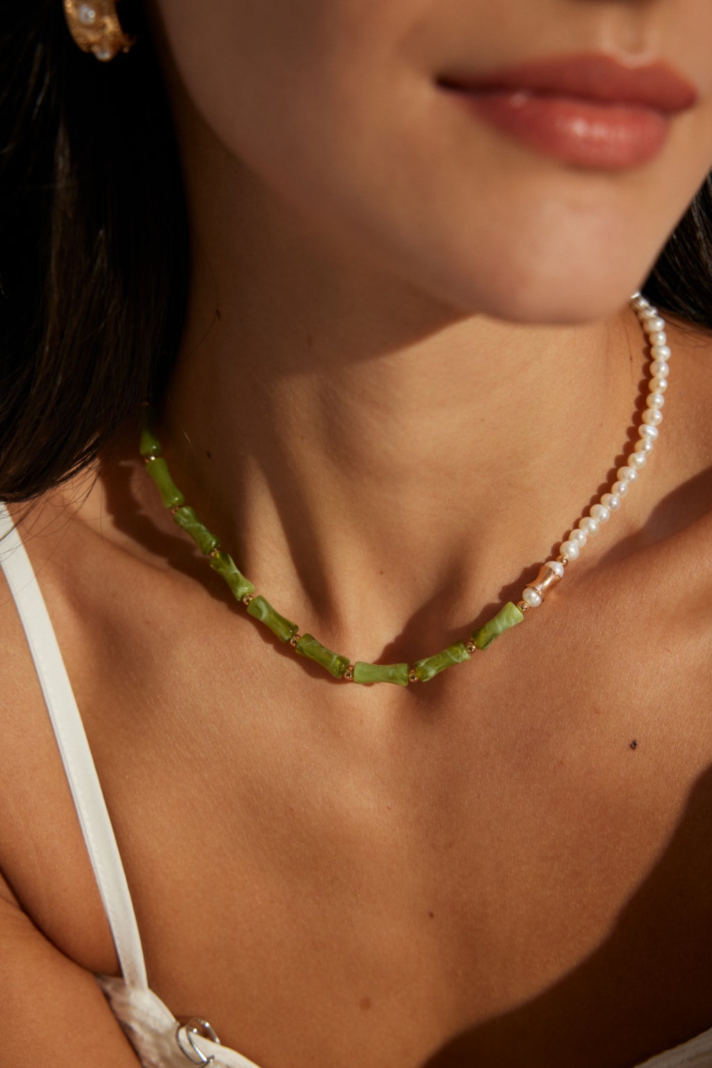 925 Sterling Silver Resin Stone and Natural Pearl Necklace - Silver