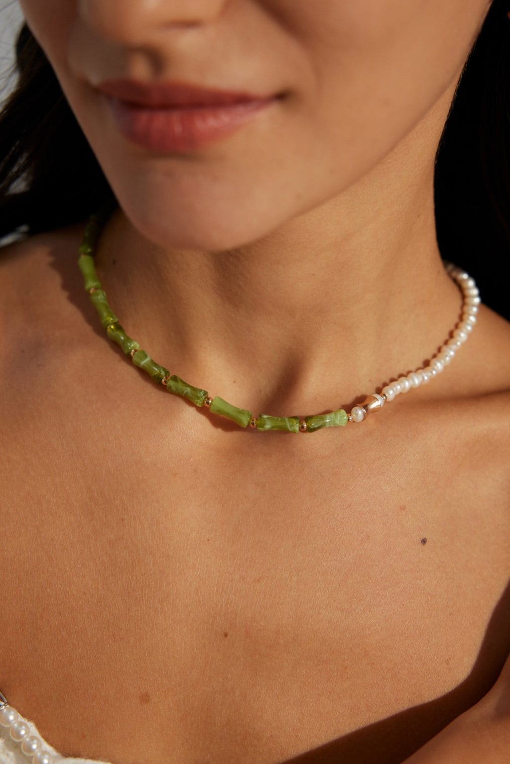 925 Sterling Silver Resin Stone and Natural Pearl Necklace - Silver