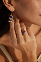 925 Sterling Silver Natural Pearl and Lapis Lazuli Ring - Silver