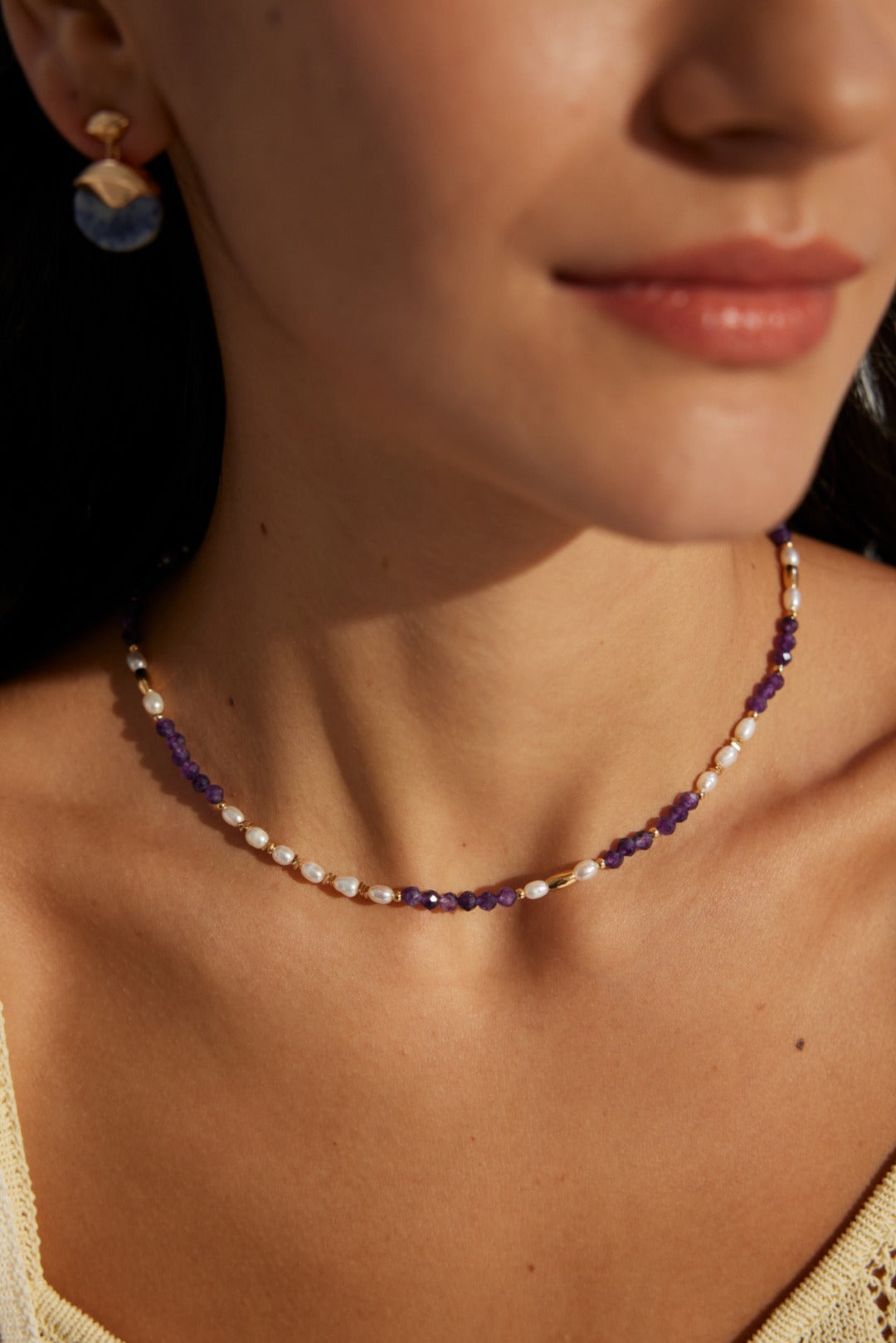 925 Sterling Silver Vintage Natural Pearl and Amethyst Necklace - Silver