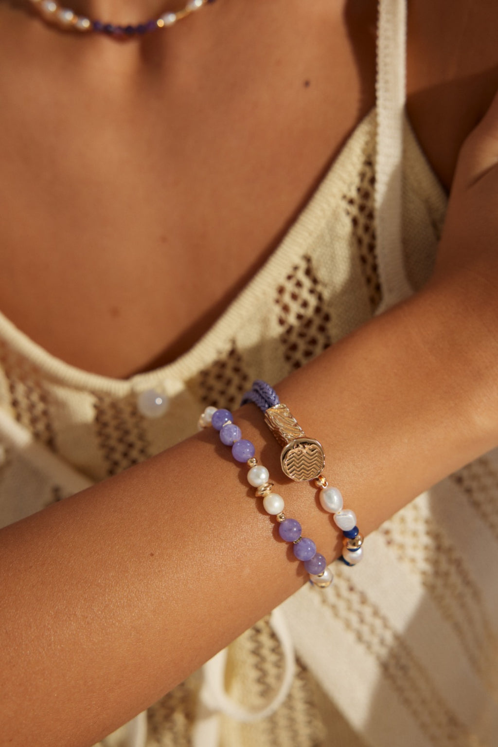 925 Sterling Silver Lapis Lazuli, Natural Pearl and Cord Bracelet - Silver