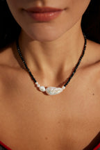 925 Sterling Silver Natural Pearl and Black Agate Necklace - Vintage Gold