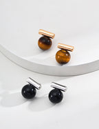 925 Sterling Silver Black Agate and Tiger’s Eye Earrings - Silver