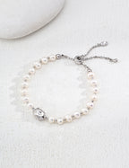 925 Sterling Silver Natural Pearl Bracelet - Silver