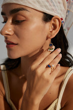 925 Sterling Silver Vintage Shell, Lapis Lazuli and Synthetic Emerald Earrings - Silver
