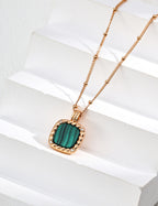 925 Sterling Silver Malachite and Cubic Zirconia Necklace - Silver