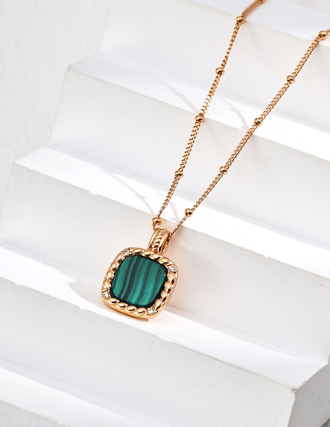 925 Sterling Silver Malachite and Cubic Zirconia Necklace - Silver