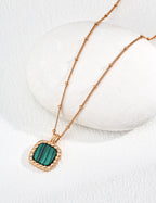 925 Sterling Silver Malachite and Cubic Zirconia Necklace - Silver