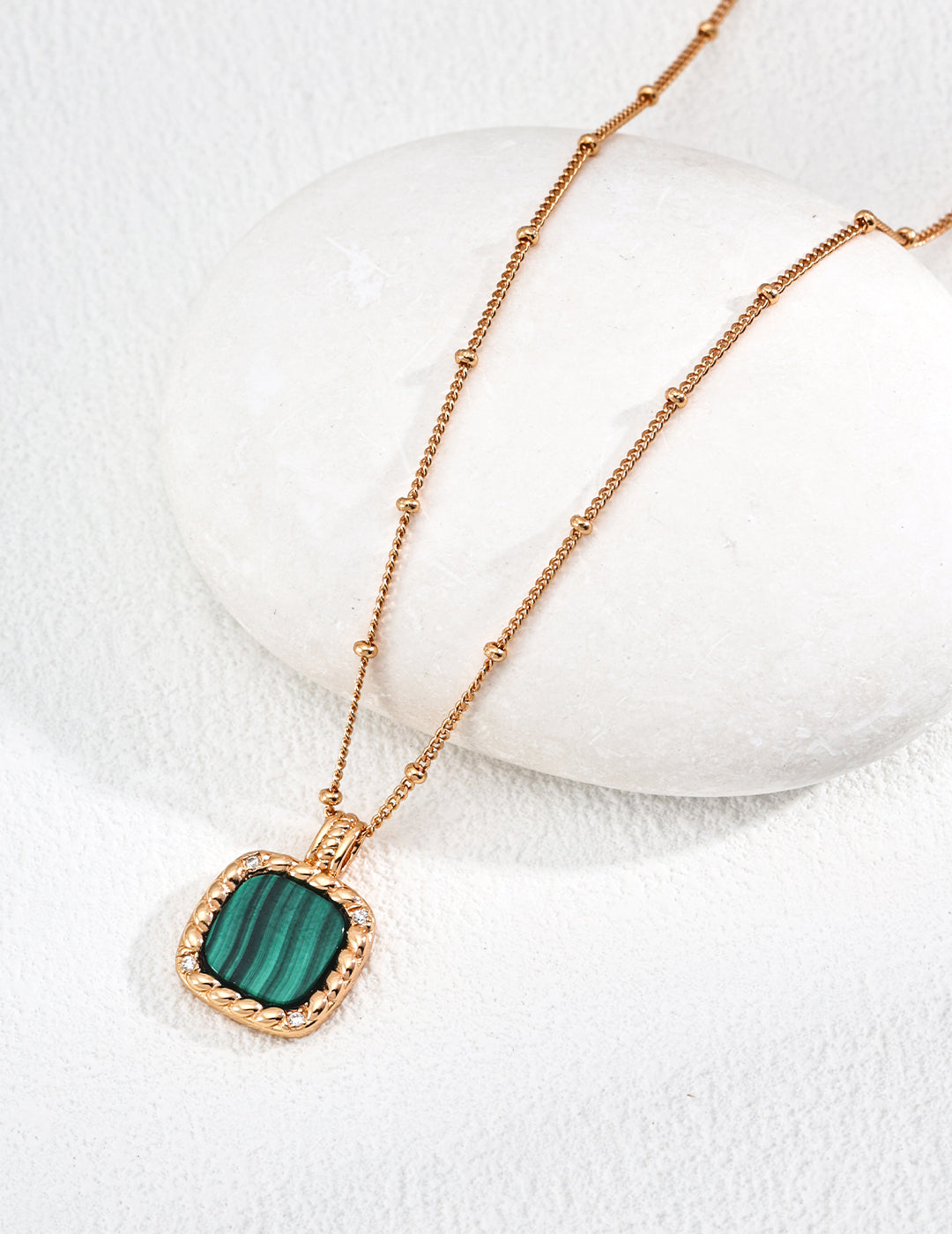 925 Sterling Silver Malachite and Cubic Zirconia Necklace - Silver