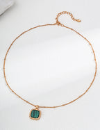 925 Sterling Silver Malachite and Cubic Zirconia Necklace - Silver
