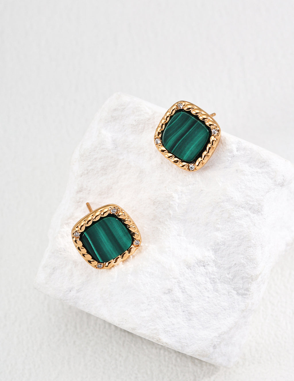 925 Sterling Silver Malachite and Cubic Zirconia Earrings - Silver