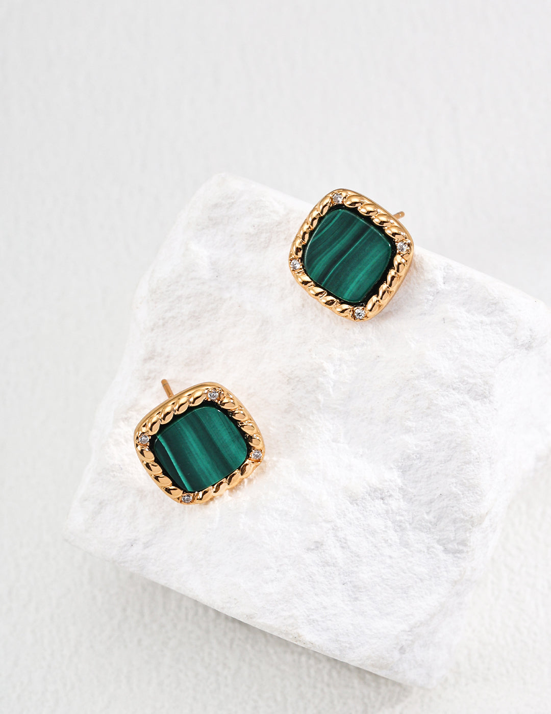 925 Sterling Silver Malachite and Cubic Zirconia Earrings - Silver