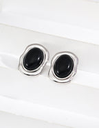 925 Sterling Silver Black Agate and Mother of Pearl Earrings - Silver