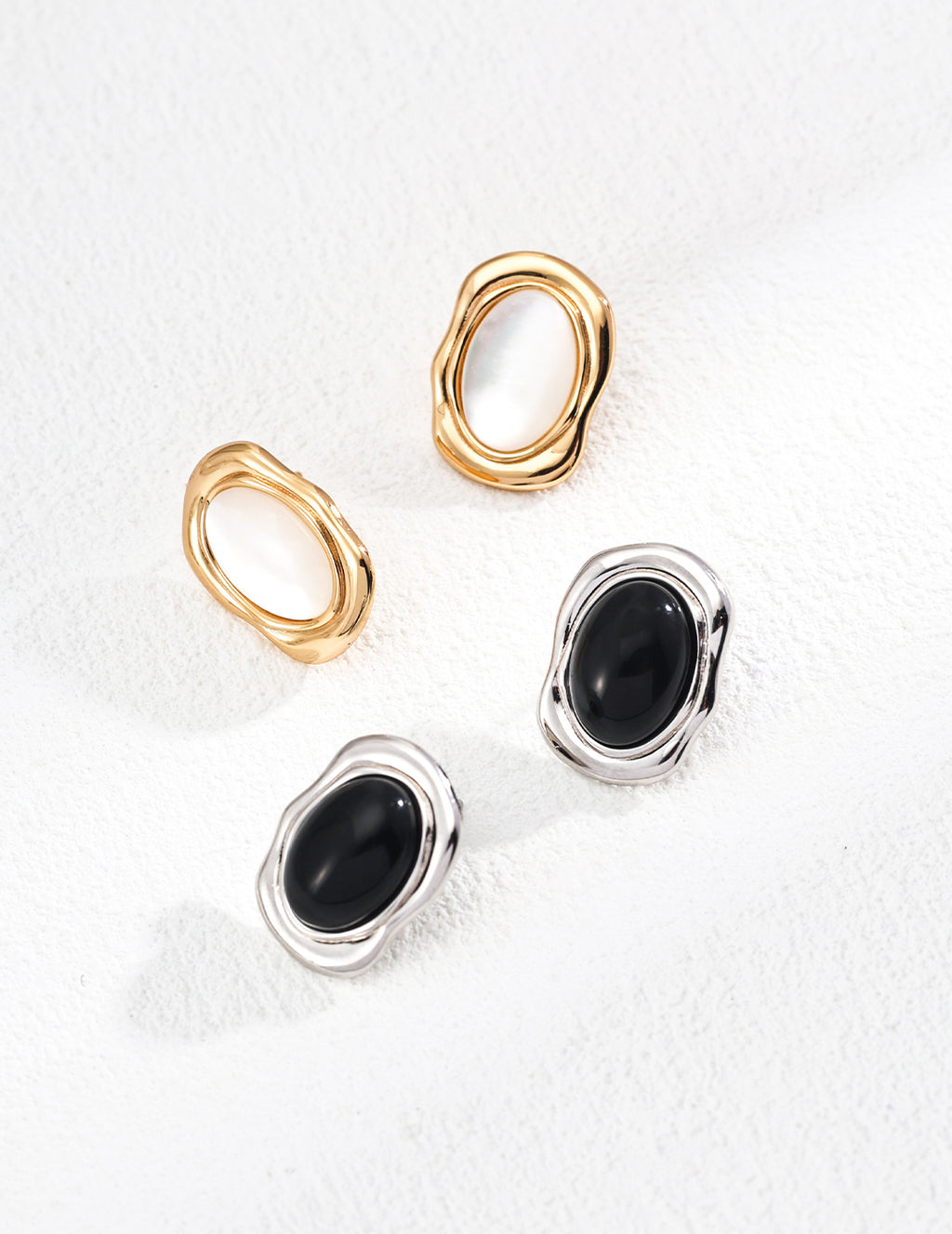 925 Sterling Silver Black Agate and Mother of Pearl Earrings - Silver