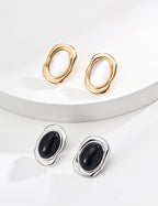 925 Sterling Silver Black Agate and Mother of Pearl Earrings - Silver