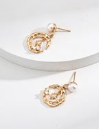 925 Sterling Silver Star Natural Pearl and Cubic Zirconia Earrings - Vintage Gold
