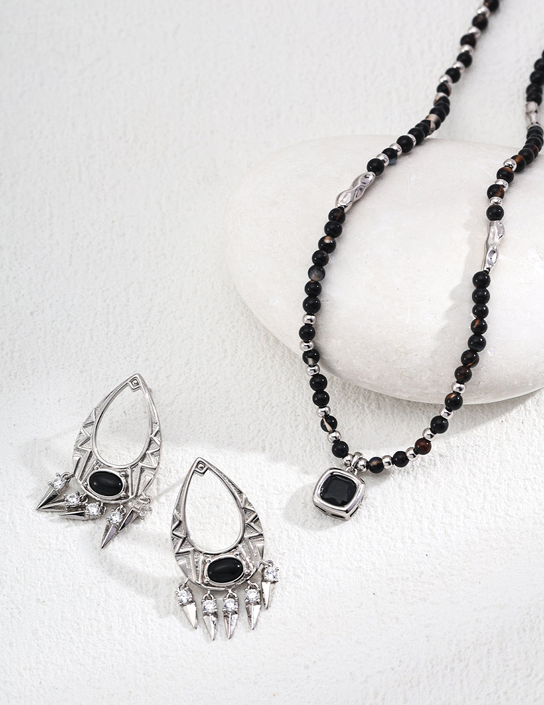 925 Sterling Silver Black Agate Necklace - Silver