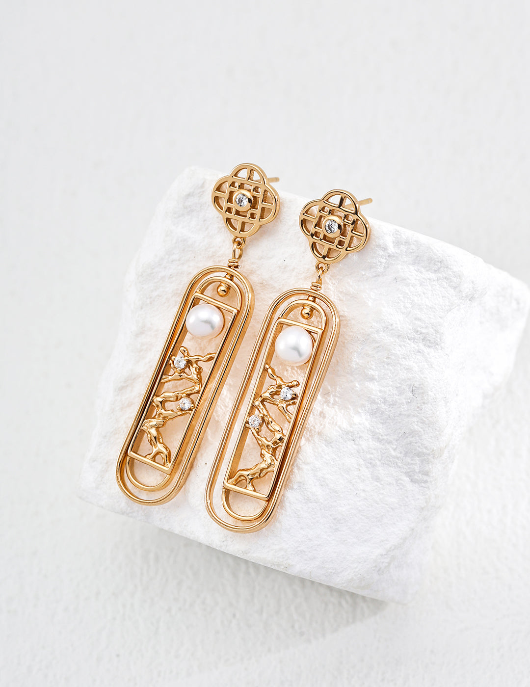 925 Sterling Silver Pearl Window Lattice Drop Earrings in silver and vintage gold natural pearl, product view 1