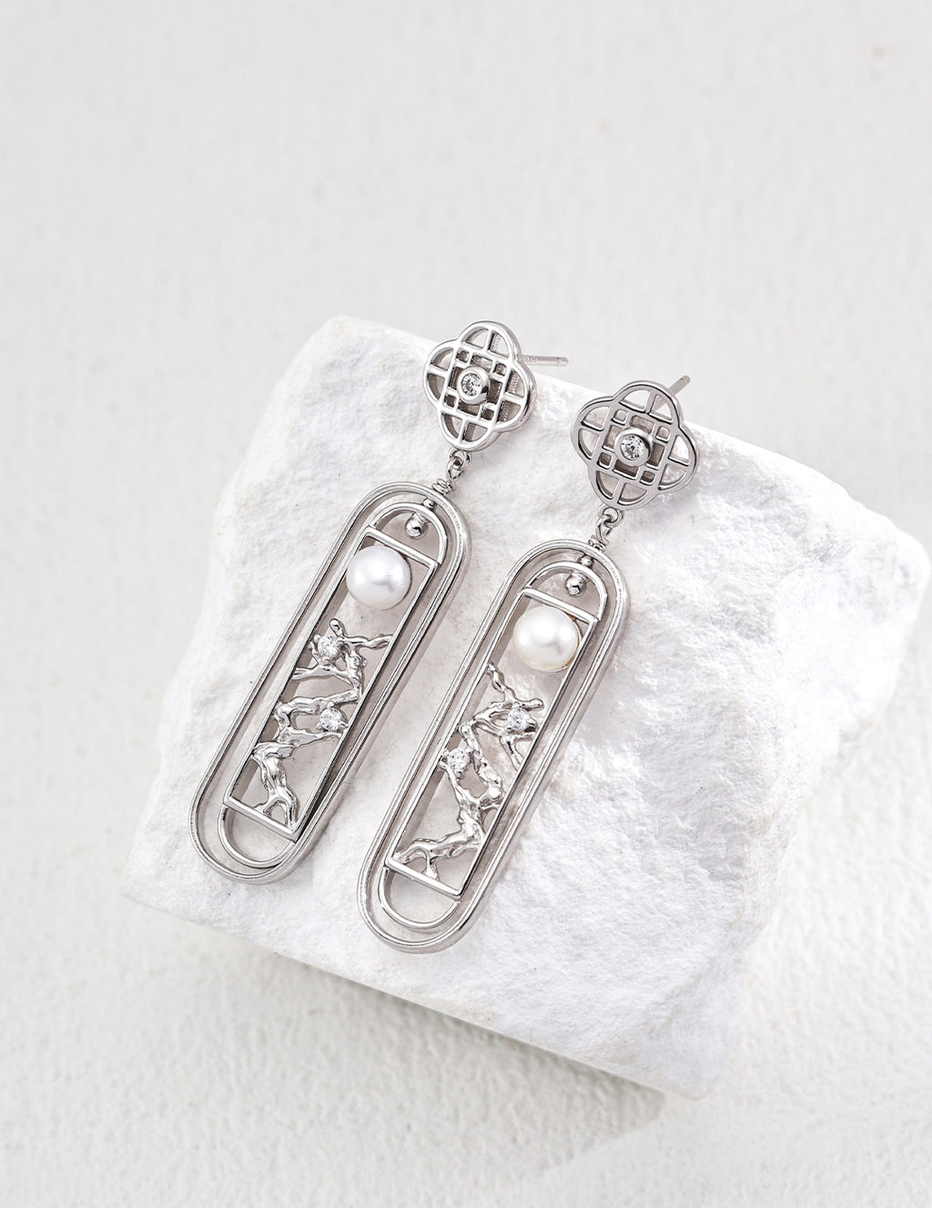 925 Sterling Silver Pearl Window Lattice Drop Earrings in silver and vintage gold natural pearl, product view 3