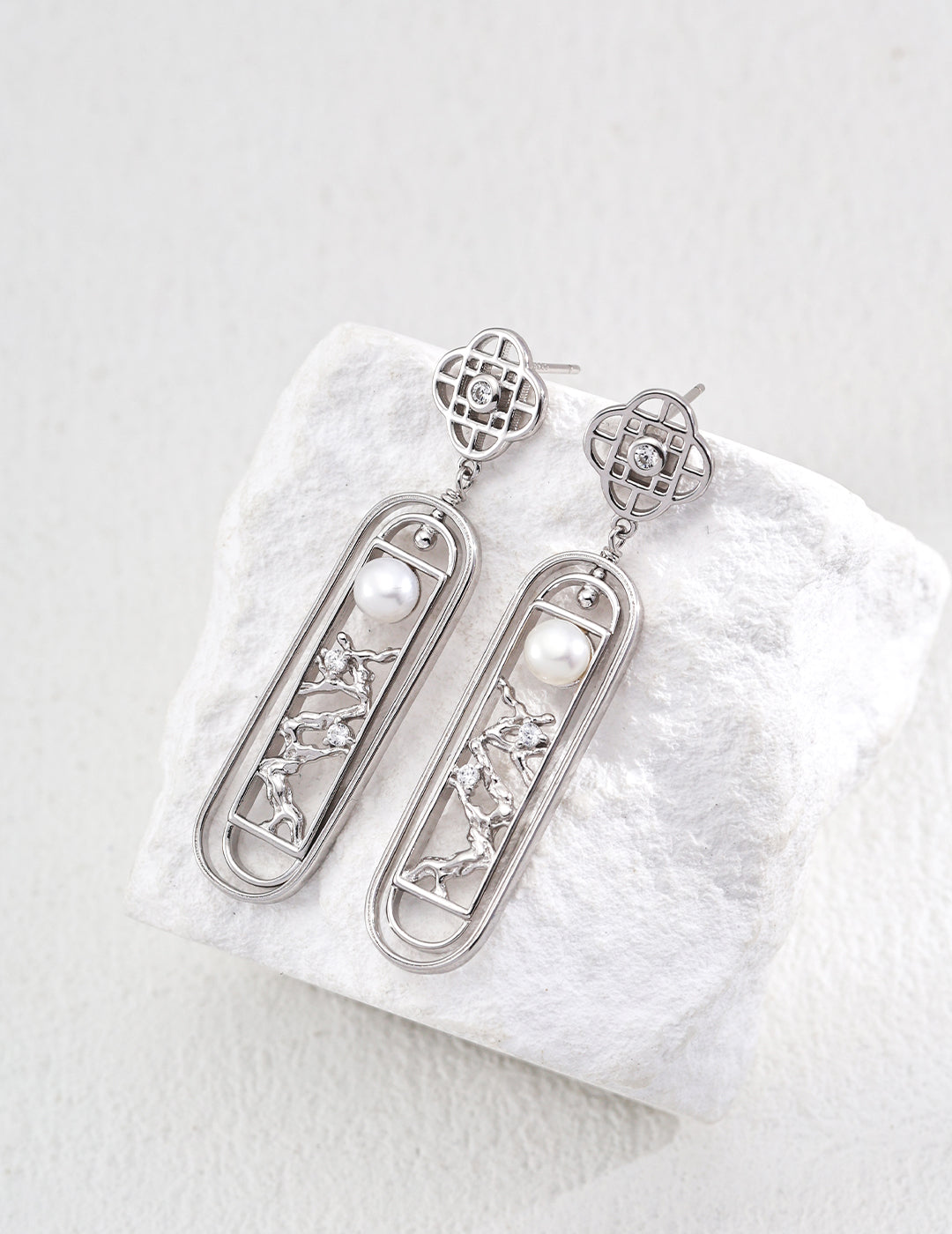 925 Sterling Silver Pearl Window Lattice Drop Earrings in silver and vintage gold natural pearl, product view 3